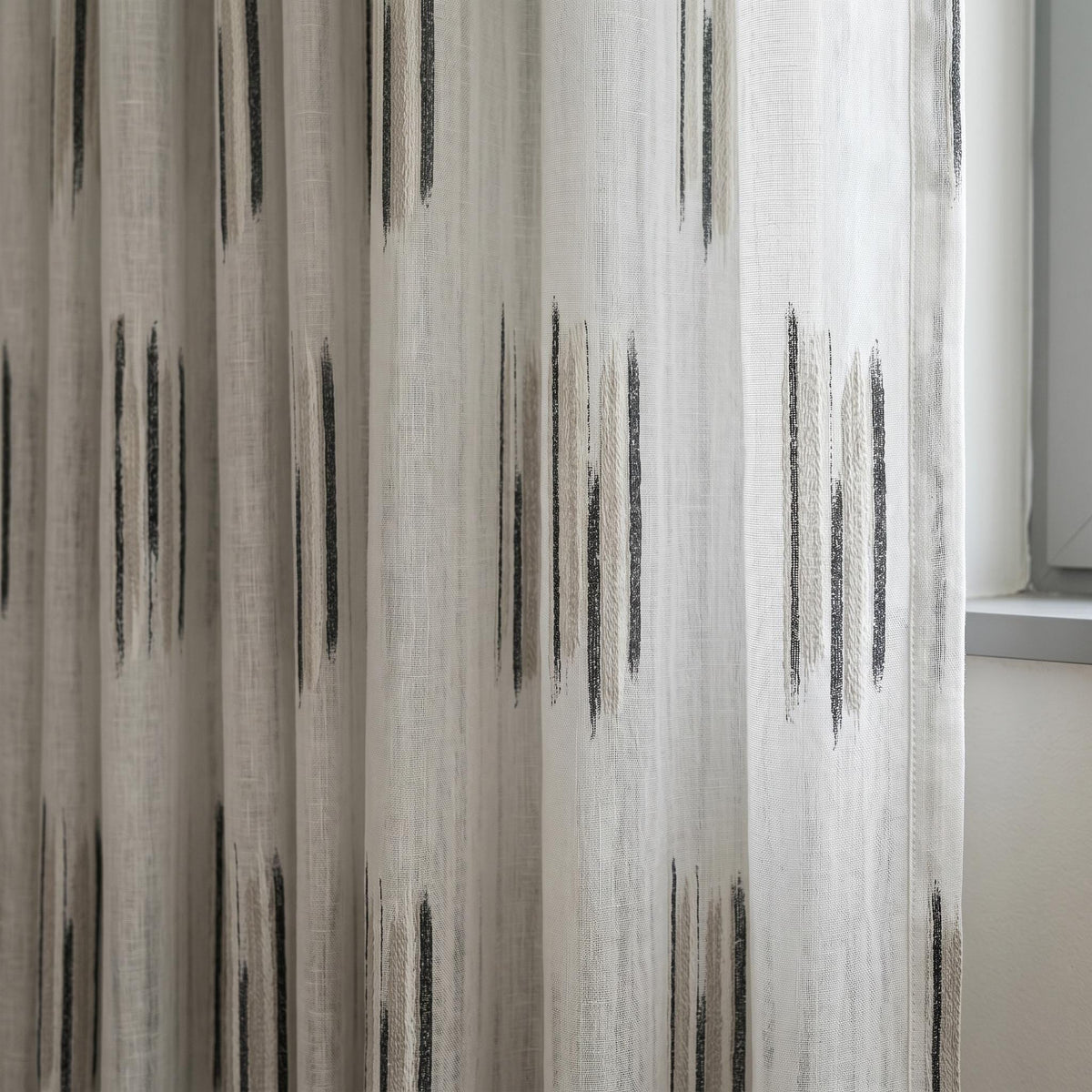 Pure White Linen Sheer Curtains, Charcoal Grey Abstract Stripe Embroidered Drapes, Custom Privacy Panels — image 2