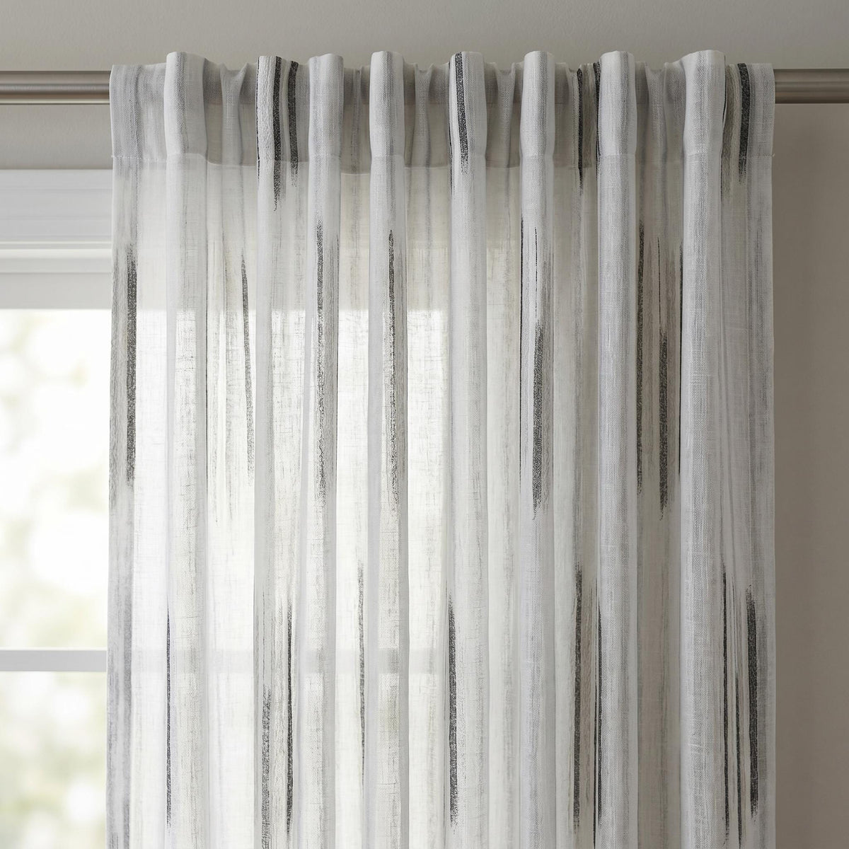 Pure White Linen Sheer Curtains, Charcoal Grey Abstract Stripe Embroidered Drapes, Custom Privacy Panels — image 6