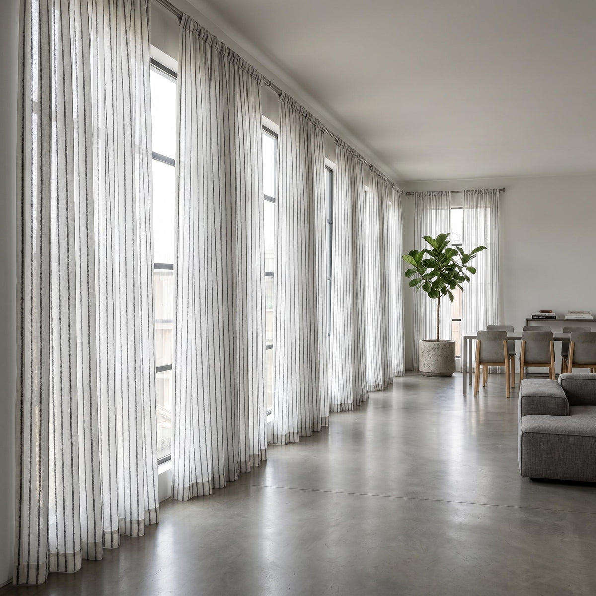 White Linen Sheer Curtains, Dark Grey Embroidered Stripe Drapes, Custom Privacy Panels, Modern Window Panels — image 4