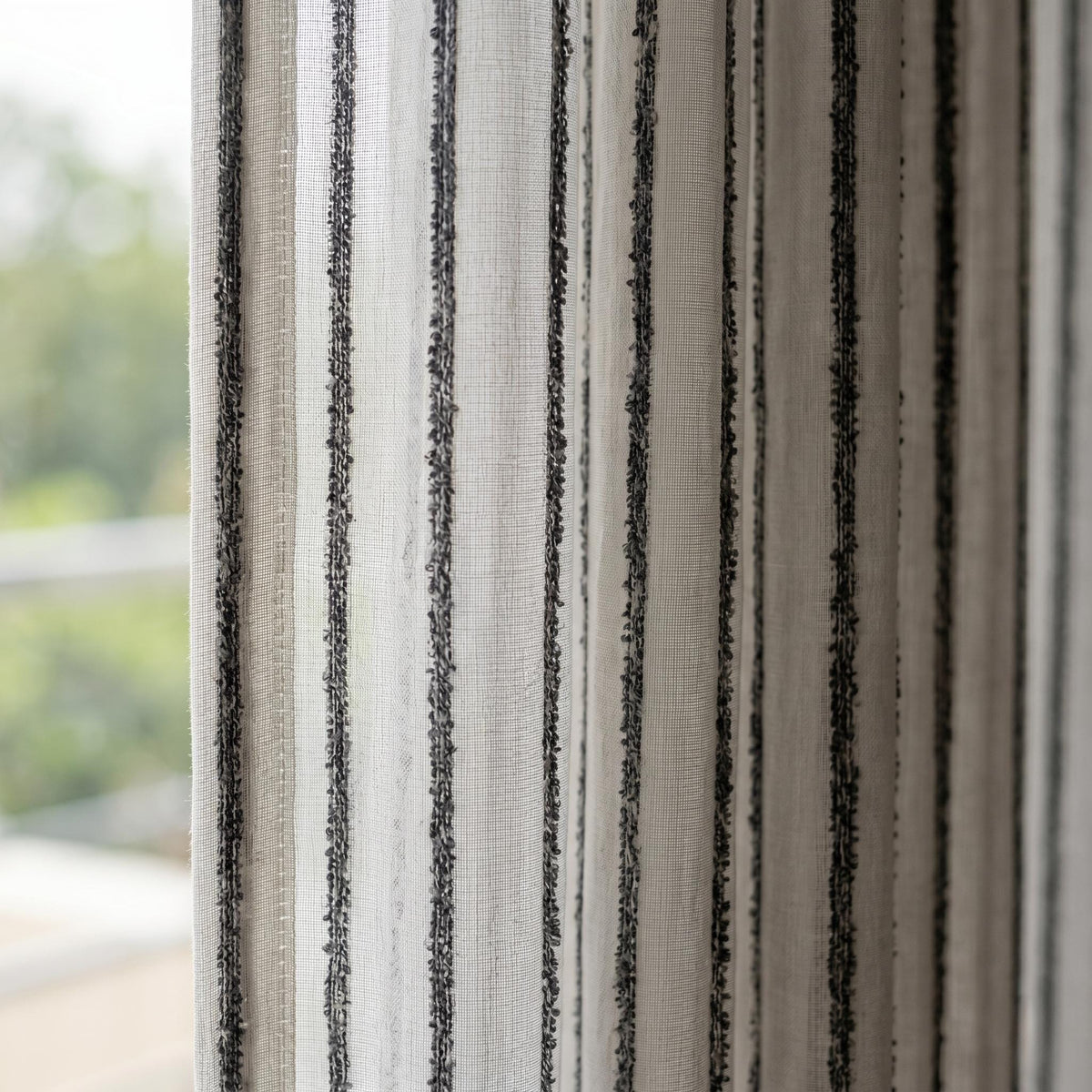 White Linen Sheer Curtains, Dark Grey Embroidered Stripe Drapes, Custom Privacy Panels, Modern Window Panels — image 8