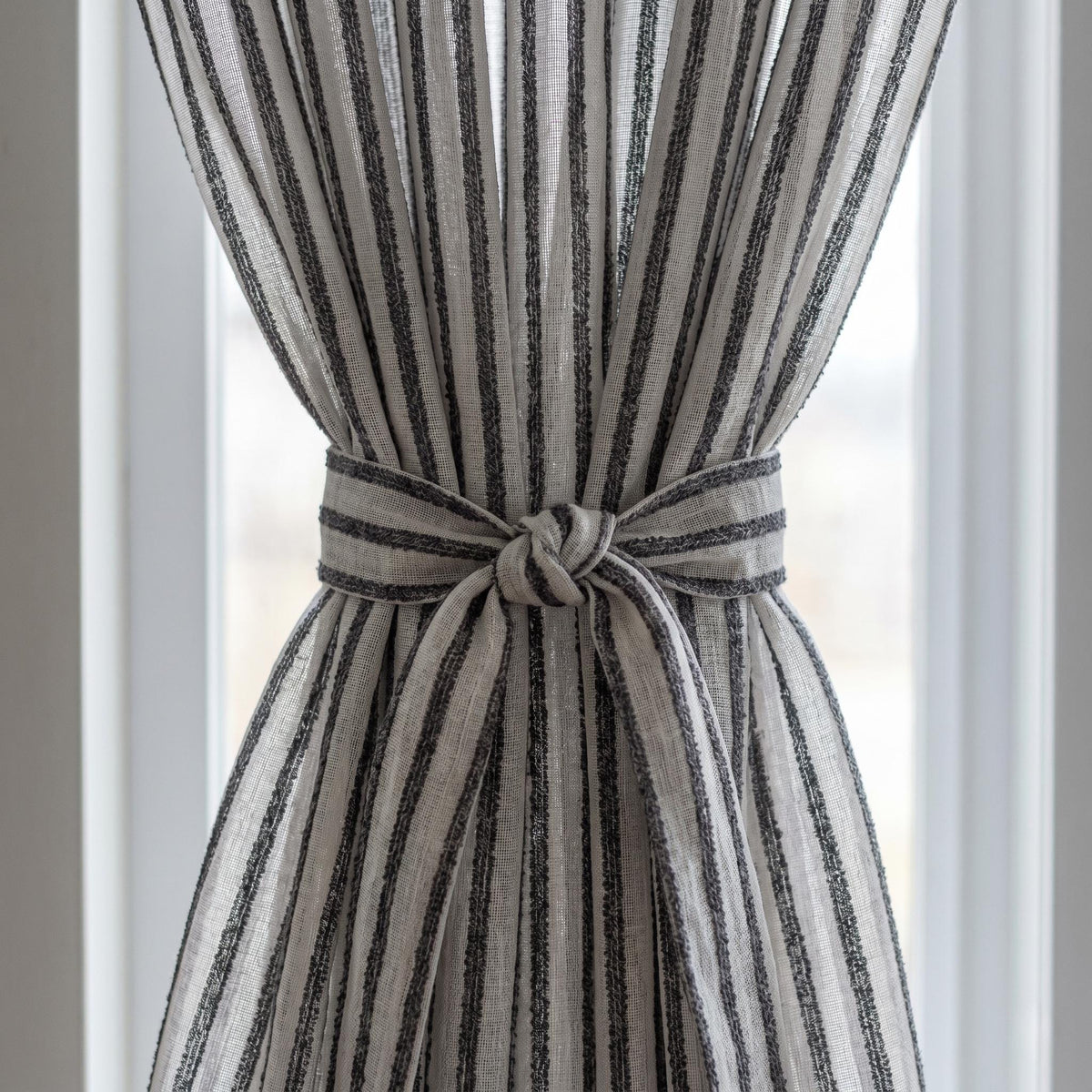 White Linen Sheer Curtains, Dark Grey Embroidered Stripe Drapes, Custom Privacy Panels, Modern Window Panels — image 7