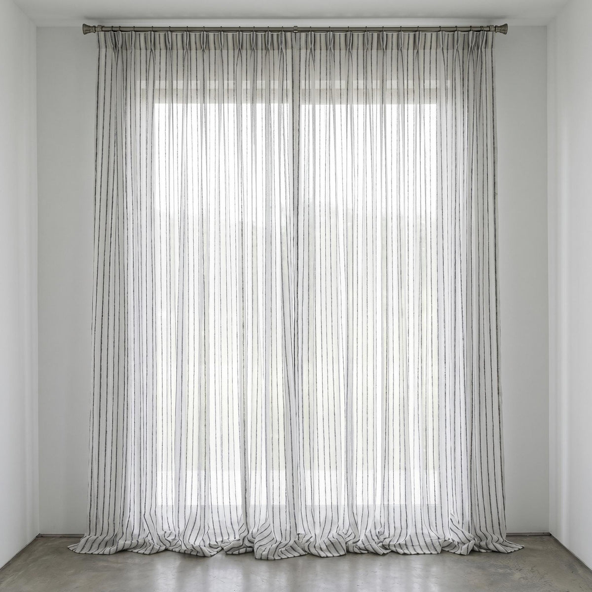 White Linen Sheer Curtains, Dark Grey Embroidered Stripe Drapes, Custom Privacy Panels, Modern Window Panels — image 5