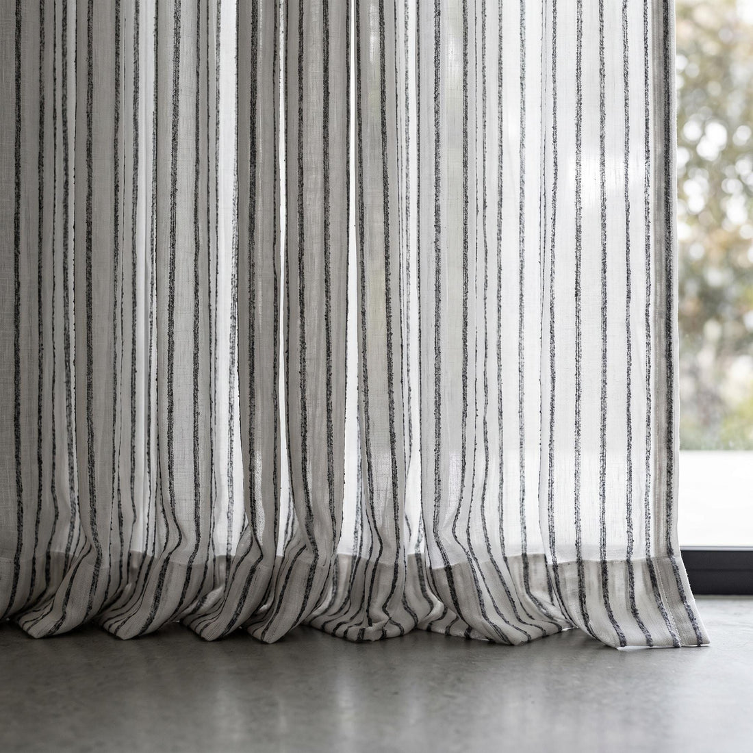 White Linen Sheer Curtains, Dark Grey Embroidered Stripe Drapes, Custom Privacy Panels, Modern Window Panels — image 1