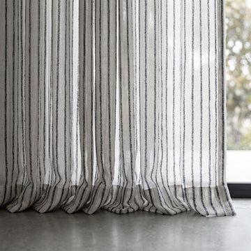 White Linen Sheer Curtains, Dark Grey Embroidered Stripe Drapes, Custom Privacy Panels, Modern Window Panels — image 1
