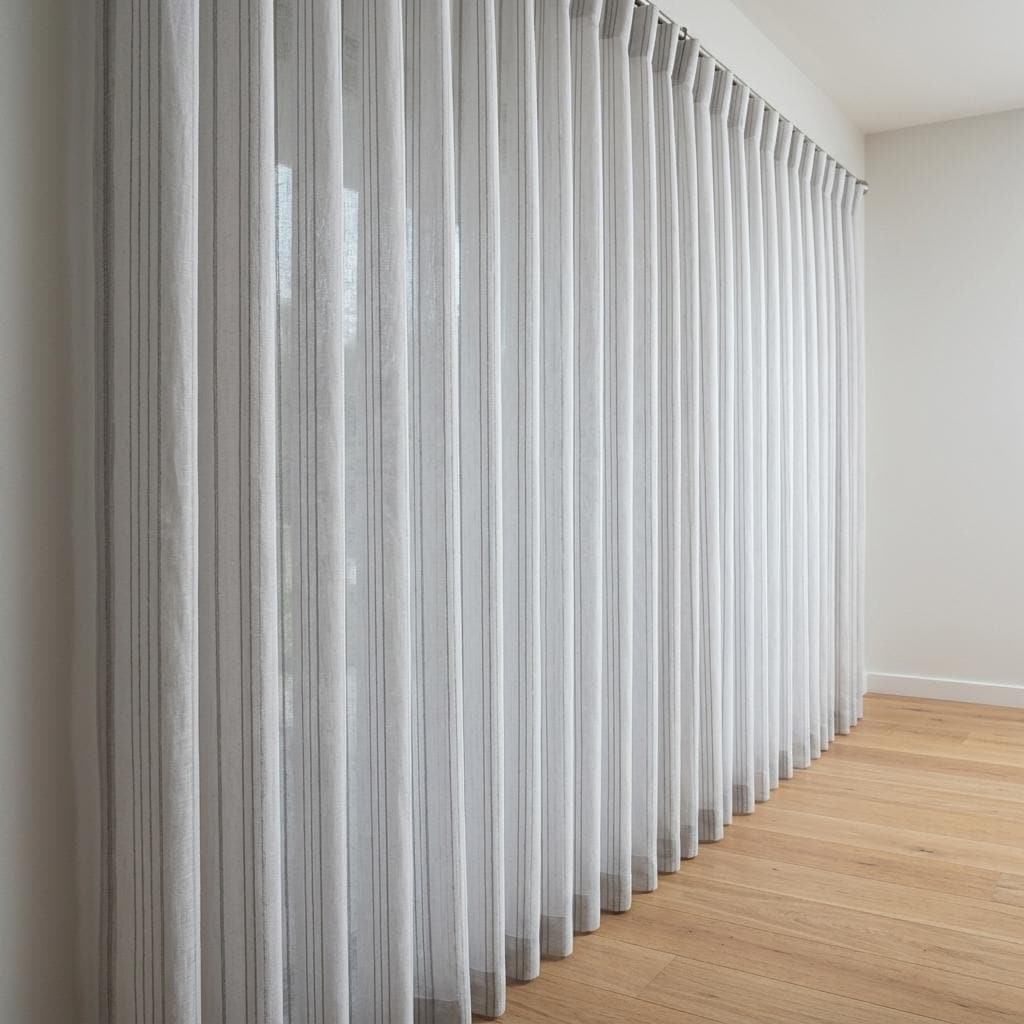 White Linen Sheer Curtains, Grey Embroidered Stripe Drapes, Custom Privacy Panels, Modern Sheer Window Curtains — image 9