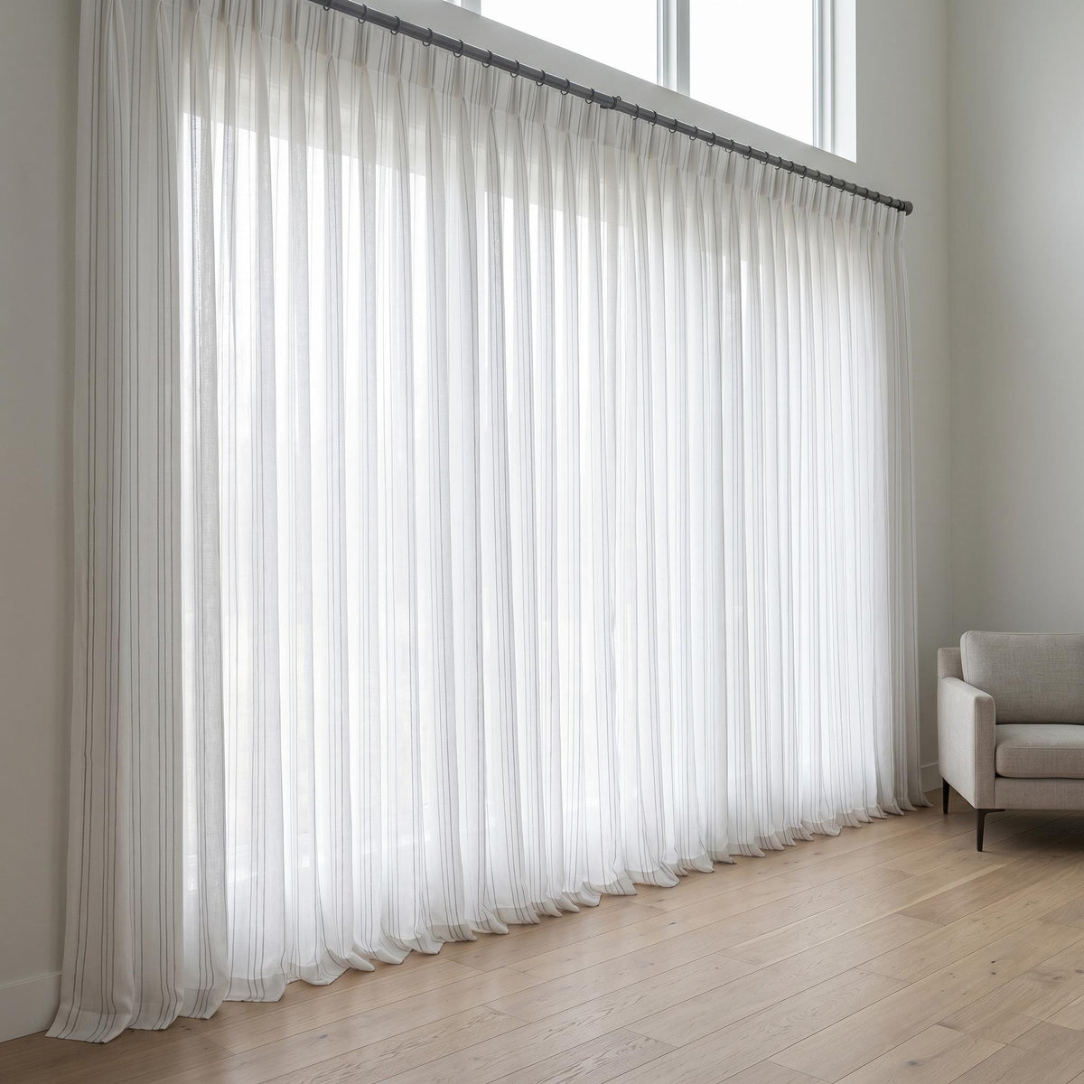 White Linen Sheer Curtains, Grey Embroidered Stripe Drapes, Custom Privacy Panels, Modern Sheer Window Curtains — image 4