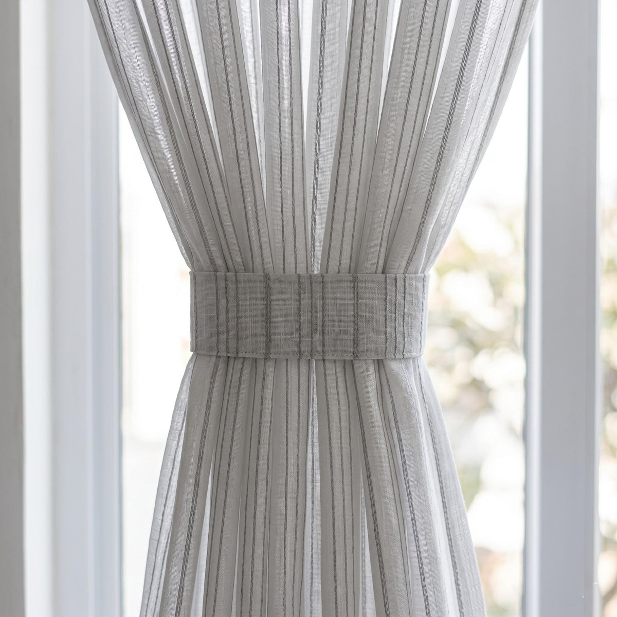 White Linen Sheer Curtains, Grey Embroidered Stripe Drapes, Custom Privacy Panels, Modern Sheer Window Curtains — image 3