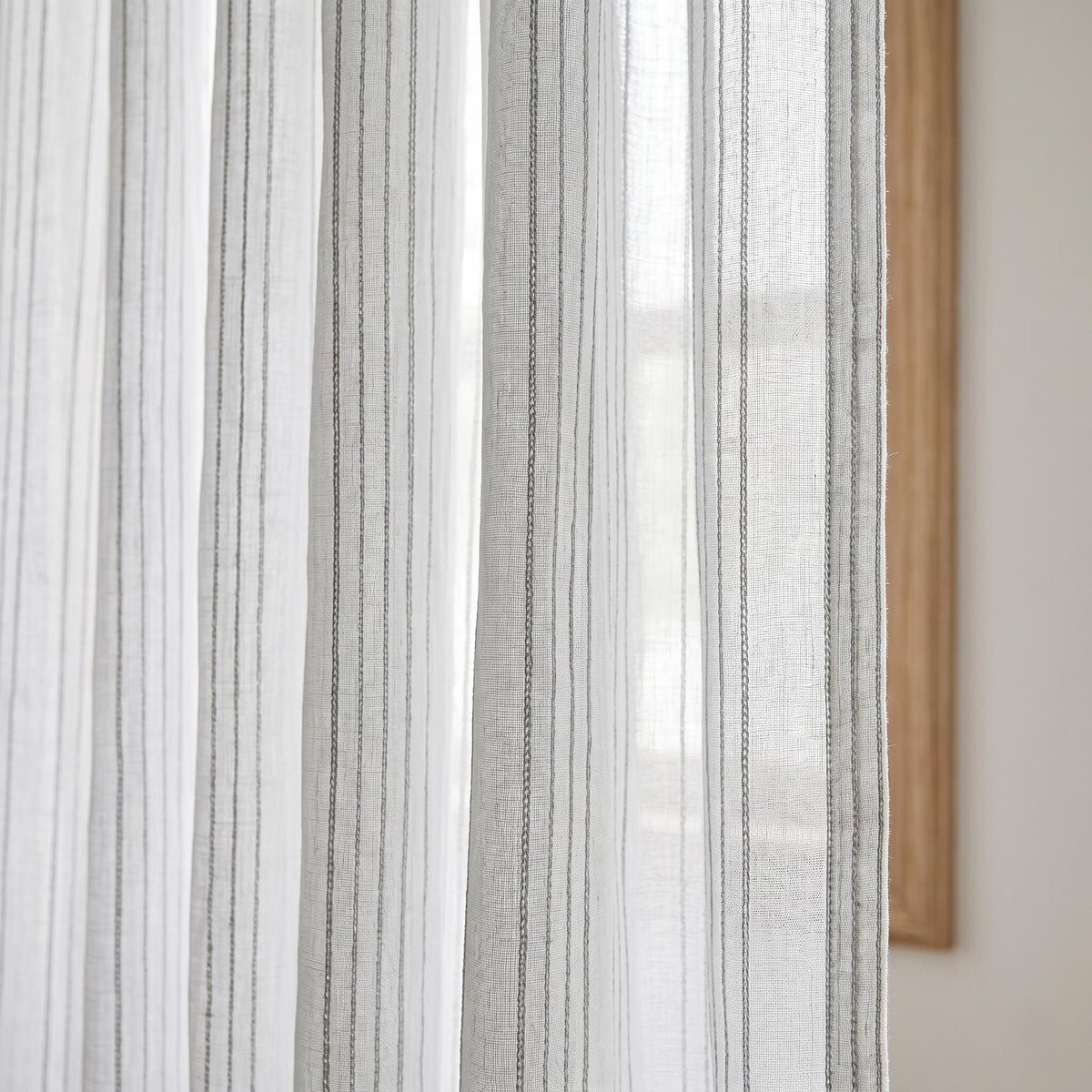 White Linen Sheer Curtains, Grey Embroidered Stripe Drapes, Custom Privacy Panels, Modern Sheer Window Curtains — image 5