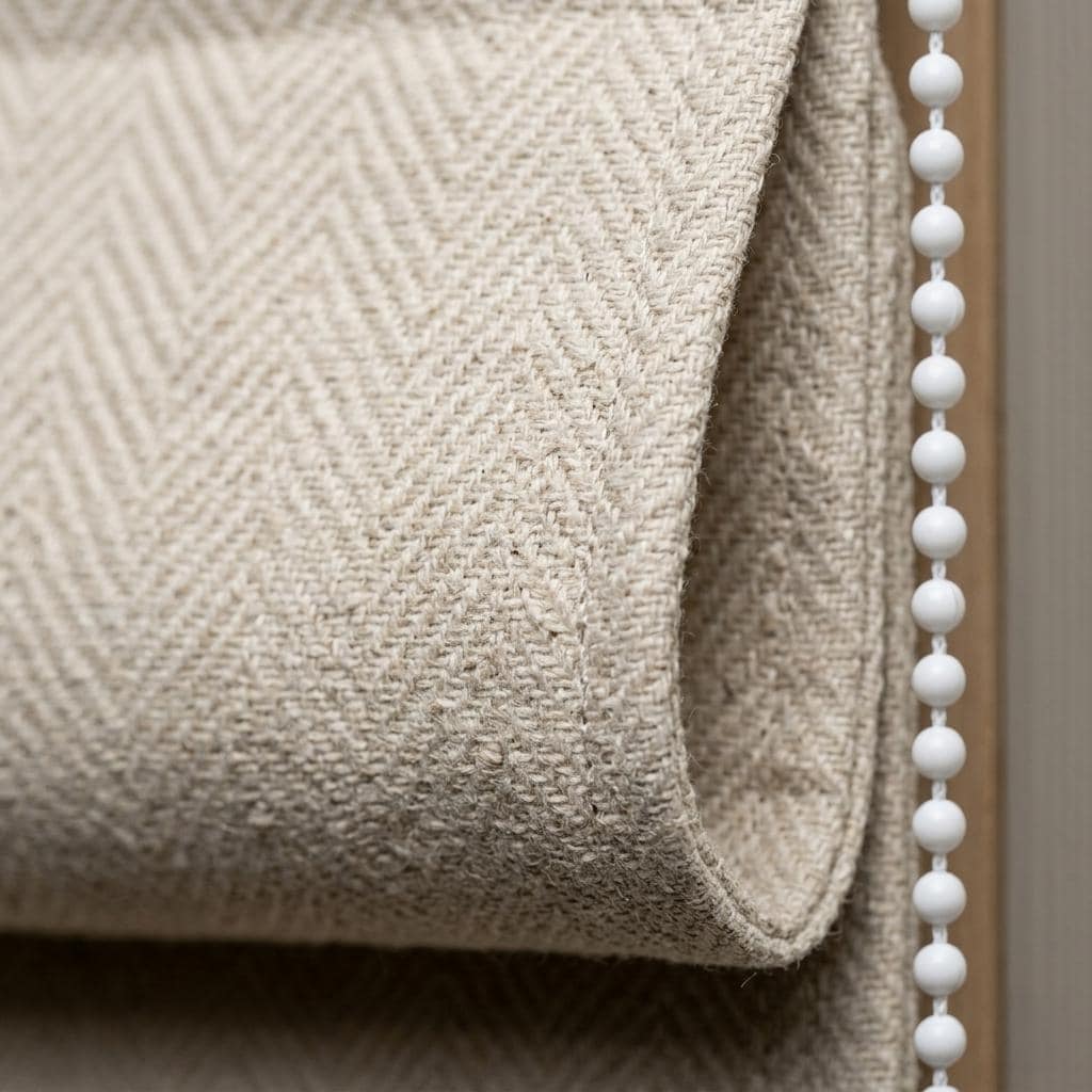Herringbone Linen Roman Shade, Oatmeal Beige Textured Woven Blind, Custom Corded Window Shade, Blackout or Cotton Lined — image 1