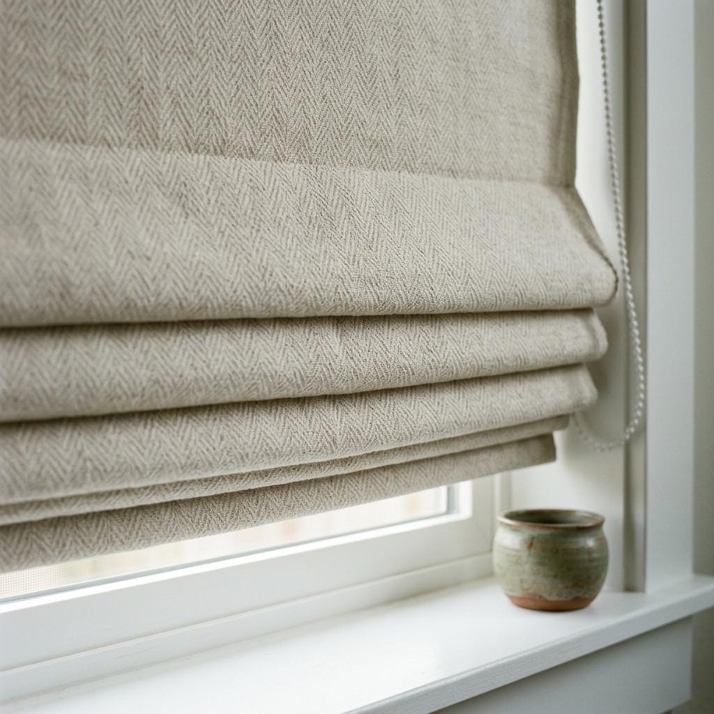 Herringbone Linen Roman Shade, Oatmeal Beige Textured Woven Blind, Custom Corded Window Shade, Blackout or Cotton Lined — image 5