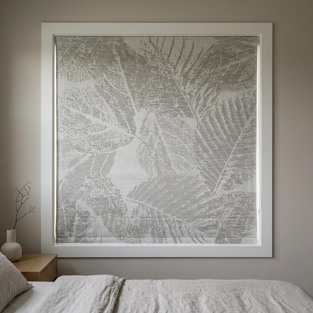 Botanical Linen Roman Shade, Ivory Greige Tropical Leaf Woven Blind, Custom Corded Window Shade, Blackout or Cotton Lined — image 1
