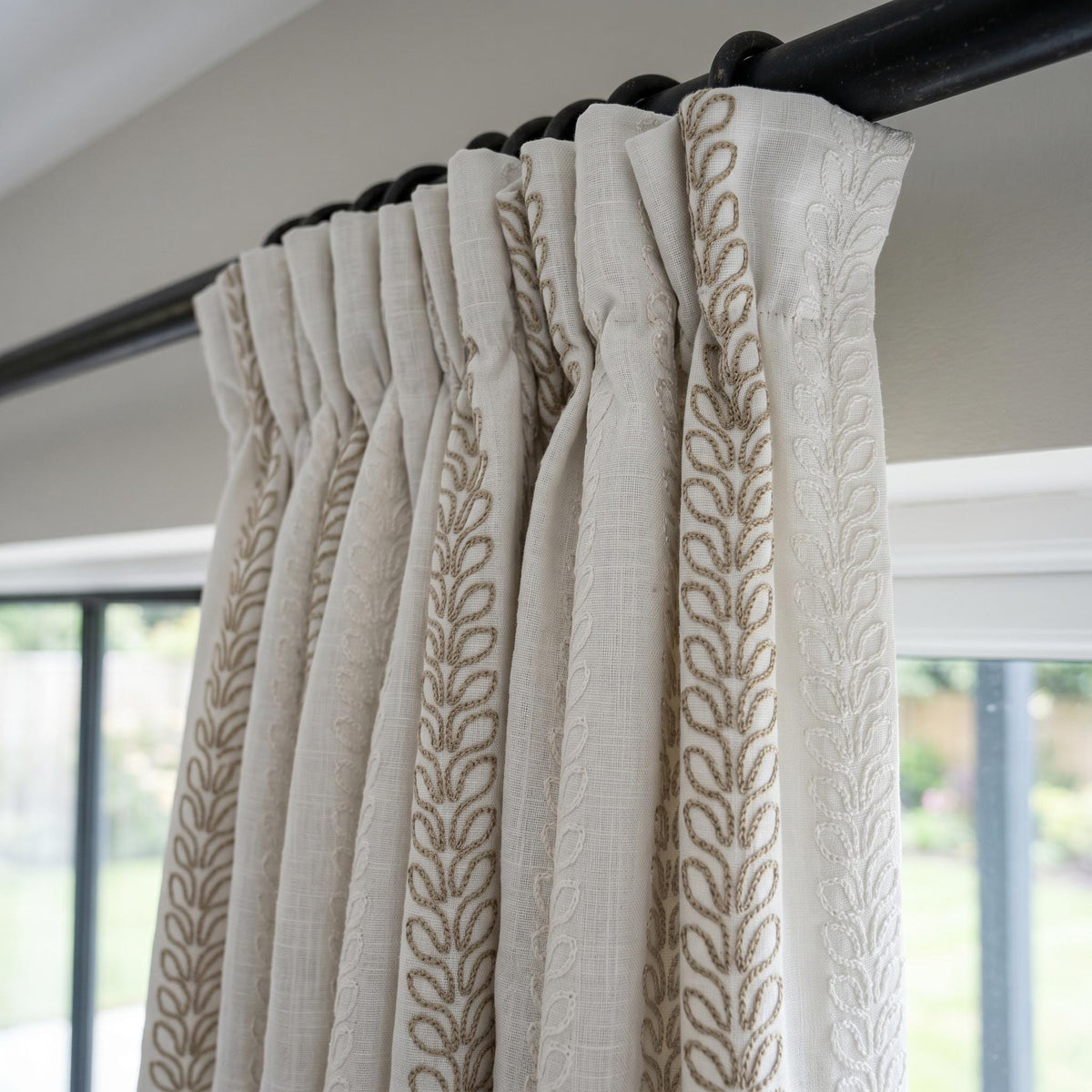 Pure White Heavy Linen Curtains, Taupe Ivory Vine Embroidered Drapes, Custom Blackout or Cotton Lined Panels — image 5