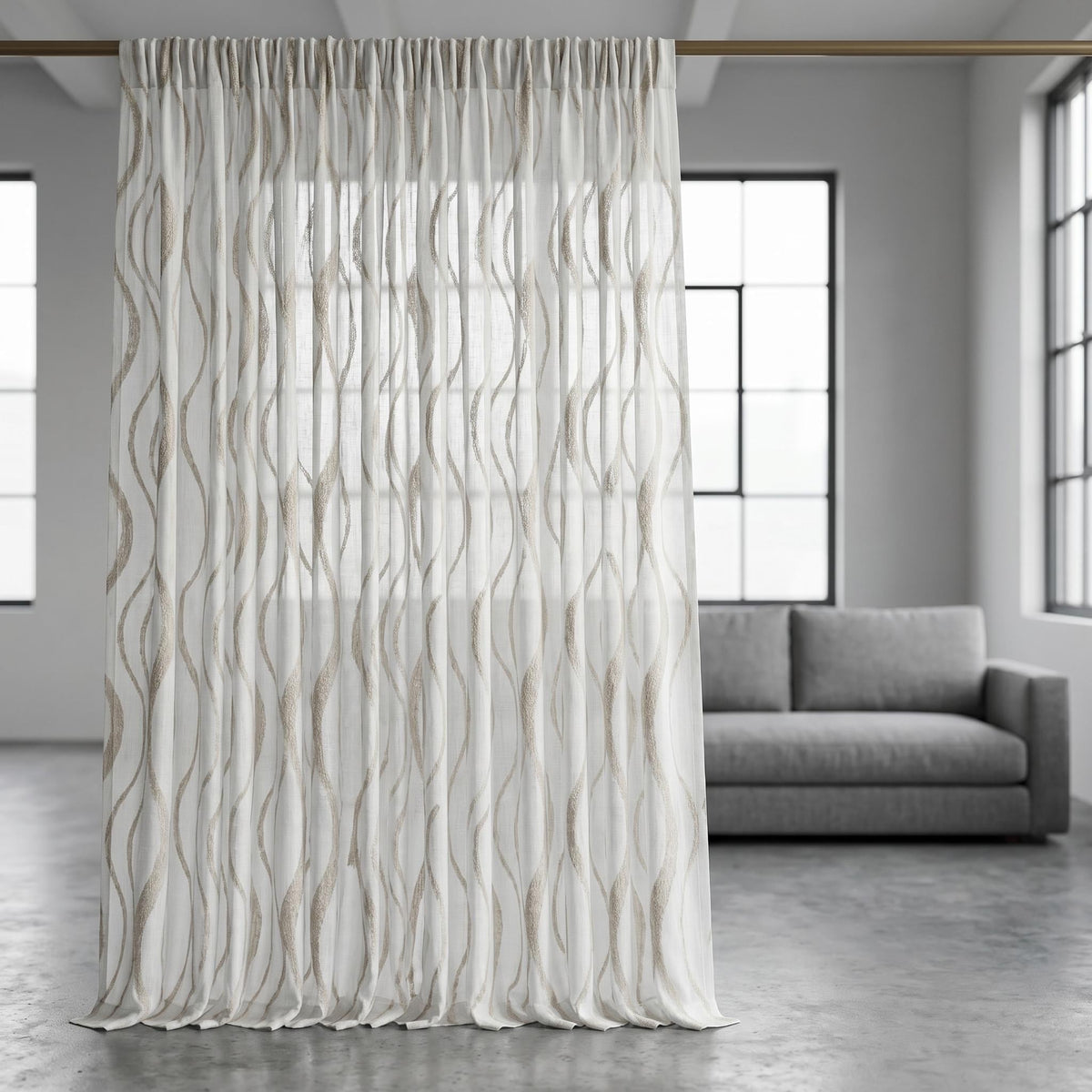 White Pure Linen Sheer Curtains with Taupe Embroidered Wavy Stripe, Custom Linen Drapes, Single or Pair — image 7