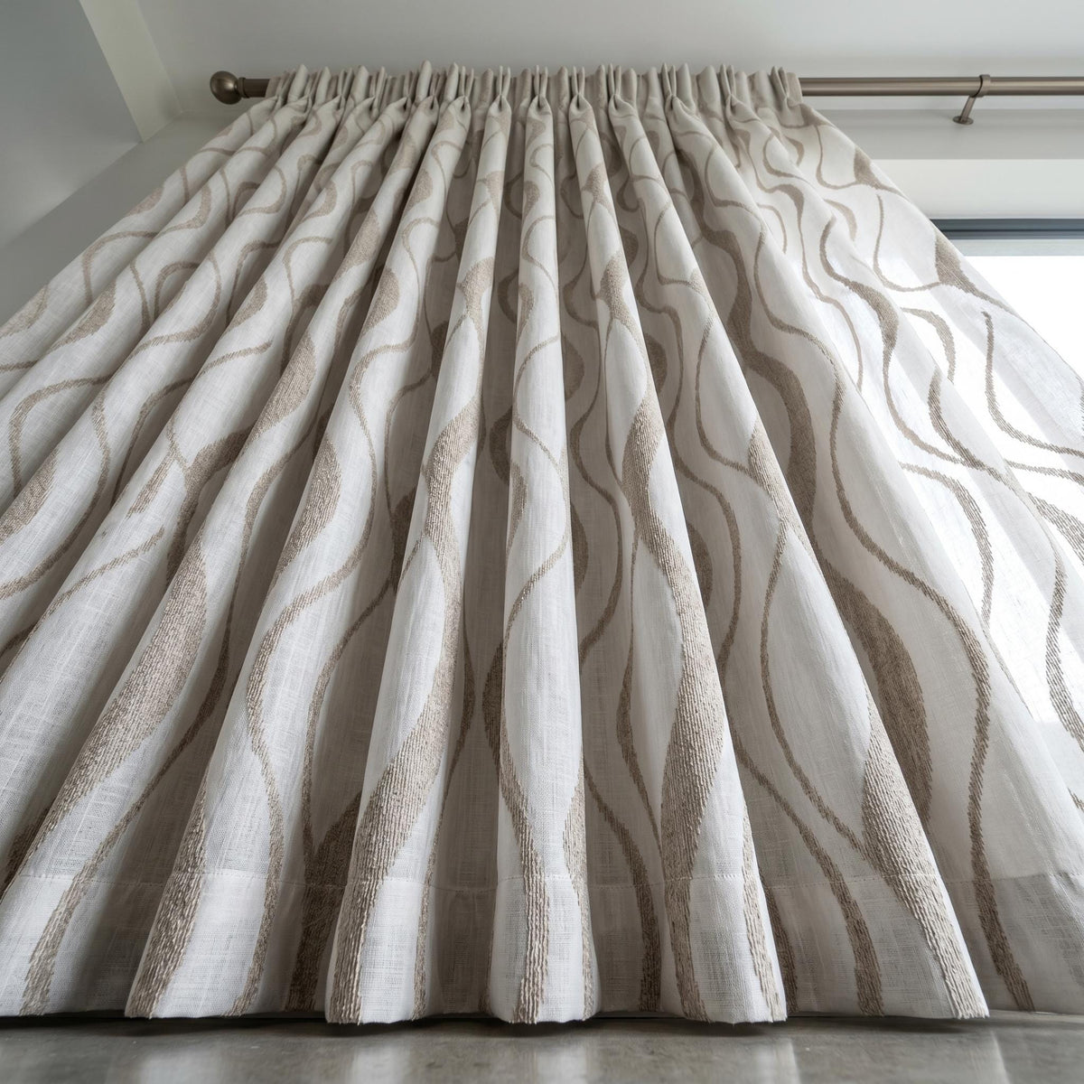 White Pure Linen Sheer Curtains with Taupe Embroidered Wavy Stripe, Custom Linen Drapes, Single or Pair — image 4