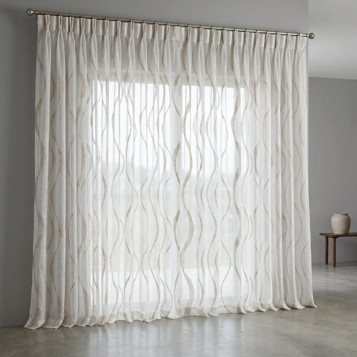 White Pure Linen Sheer Curtains with Taupe Embroidered Wavy Stripe, Custom Linen Drapes, Single or Pair — image 5