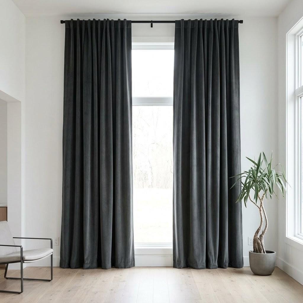 Charcoal Gray Velvet Curtains, Heavy Blackout Drapes, Custom Luxury Window Panels, Rod Pocket Back Tab Grommet — image 1