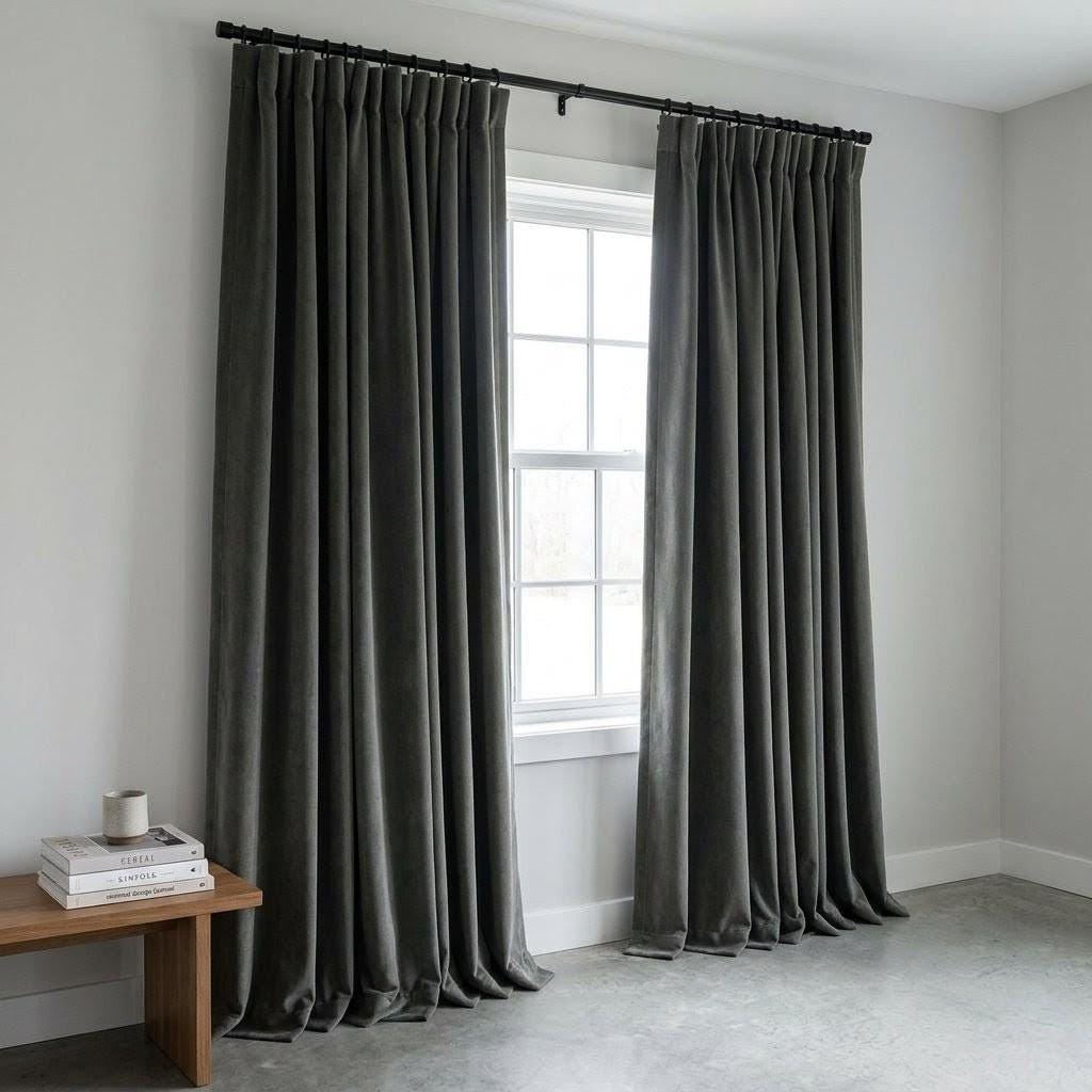 Carbon Grey Velvet Curtains, Heavy Blackout Drapes, Luxury Custom Window Panels, Rod Pocket Back Tab Grommet — image 1