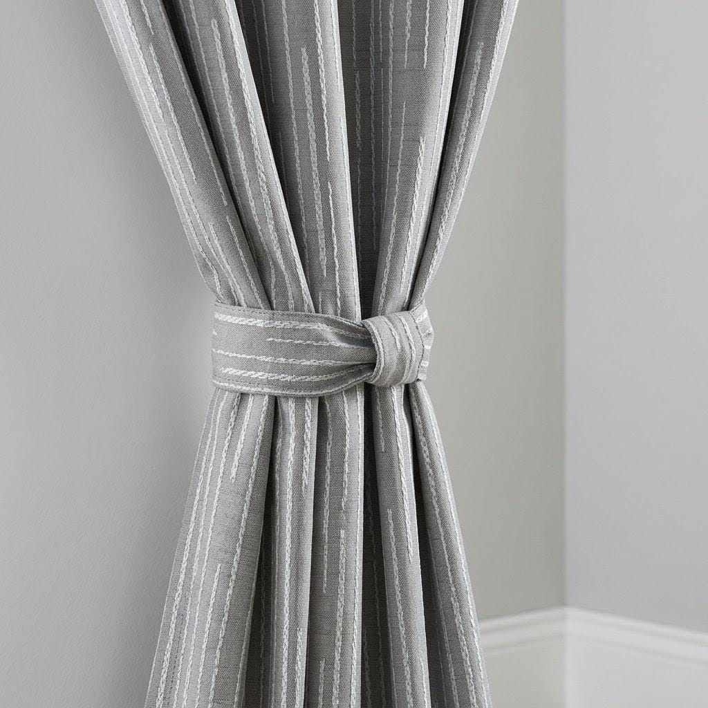Gray Cotton Jacquard Curtains, Ivory Linear Pattern Drapes, Heavy Textured Window Panels, Custom Blackout Curtains — image 1
