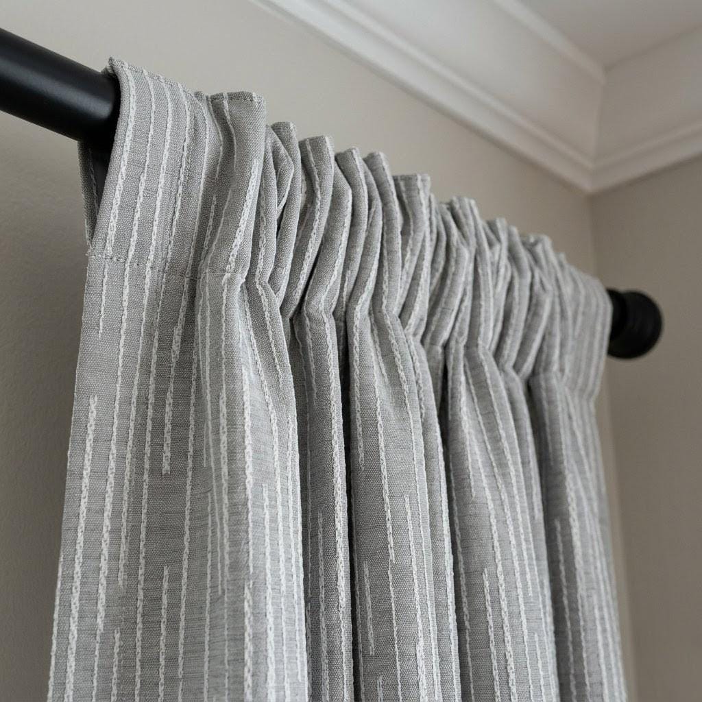 Gray Cotton Jacquard Curtains, Ivory Linear Pattern Drapes, Heavy Textured Window Panels, Custom Blackout Curtains — image 1
