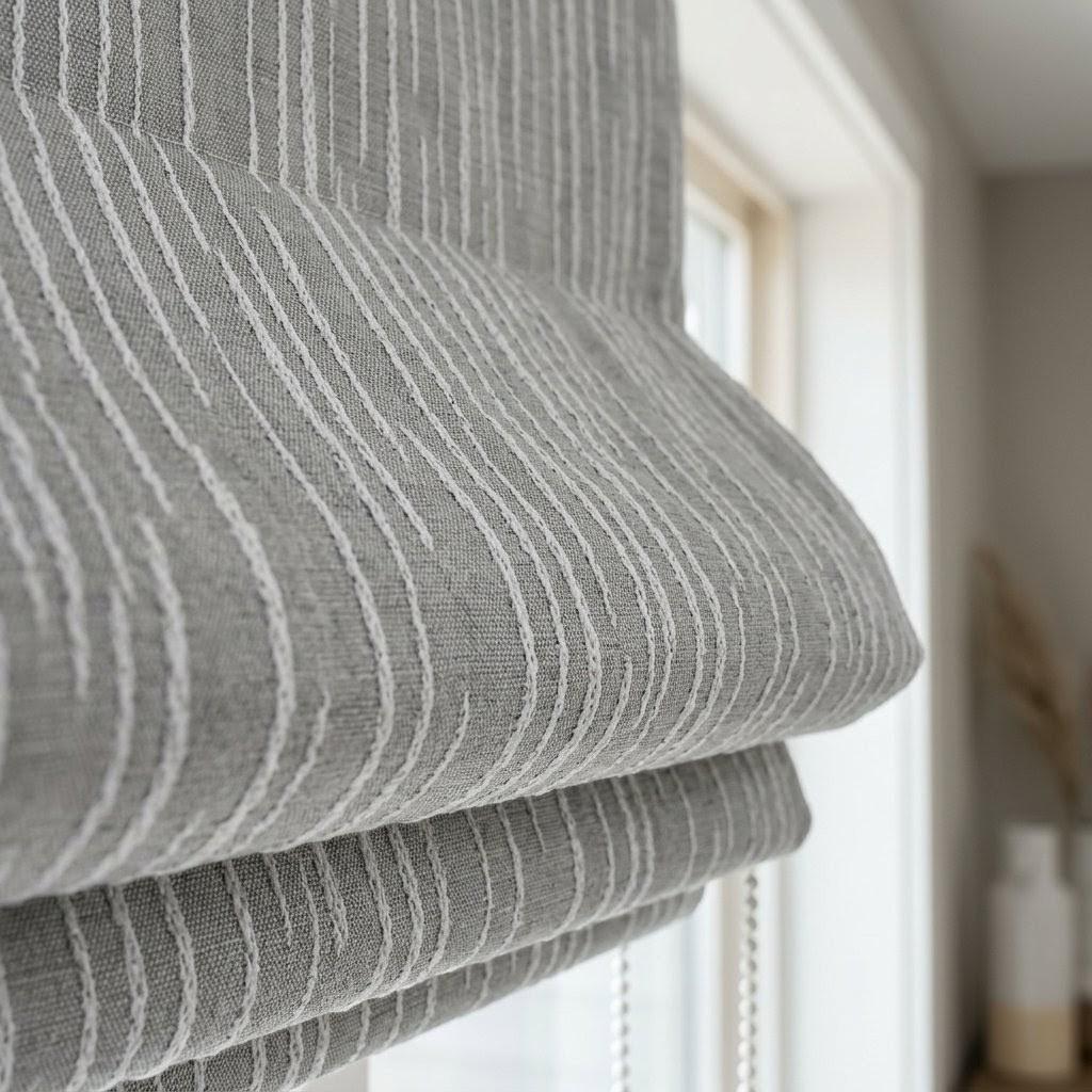 Gray Cotton Jacquard Roman Shade, Ivory Dash Pattern Corded Roman Blind, Custom Blackout Window Shade — image 3