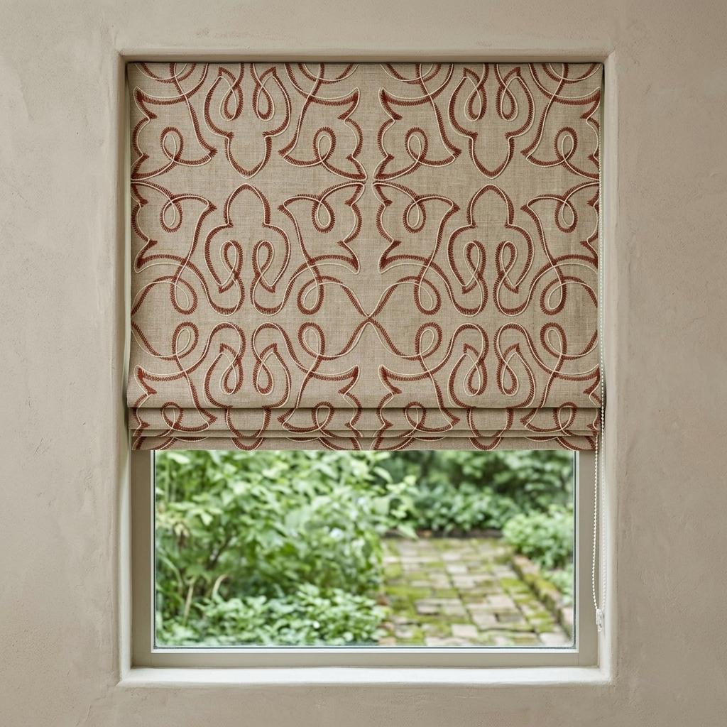 Rust Red Embroidered Linen Roman Shade, Custom Corded Roman Blind, Beige Floral Vine Window Shade, Oeko Tex Blackout or Light Filter — image 1