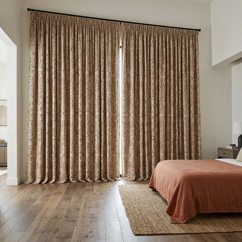 Rust Red Embroidered Pure Linen Curtains, Natural Beige Heavy Drapes, Floral Vine Panels, Custom Blackout Cafe Curtains — image 1