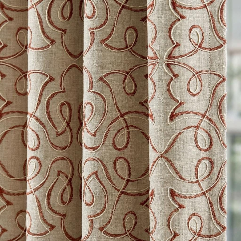 Rust Red Embroidered Pure Linen Curtains, Natural Beige Heavy Drapes, Floral Vine Panels, Custom Blackout Cafe Curtains — image 1