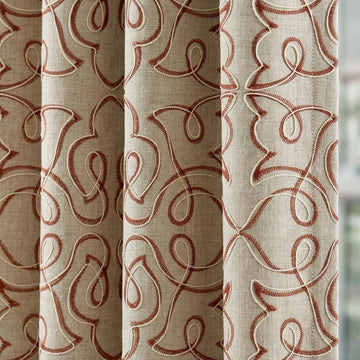 Rust Red Embroidered Pure Linen Curtains, Natural Beige Heavy Drapes, Floral Vine Panels, Custom Blackout Cafe Curtains — image 1