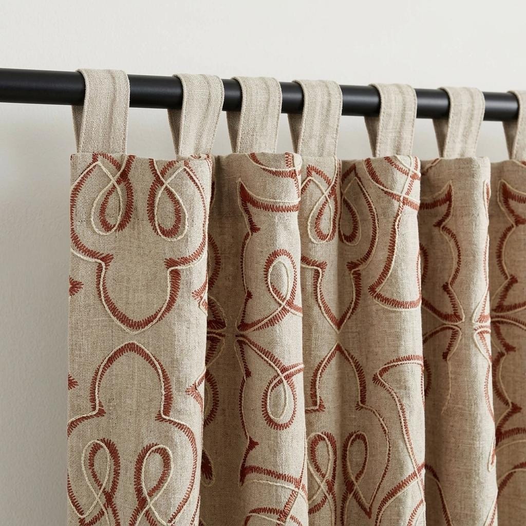 Rust Red Embroidered Pure Linen Curtains, Natural Beige Heavy Drapes, Floral Vine Panels, Custom Blackout Cafe Curtains — image 6