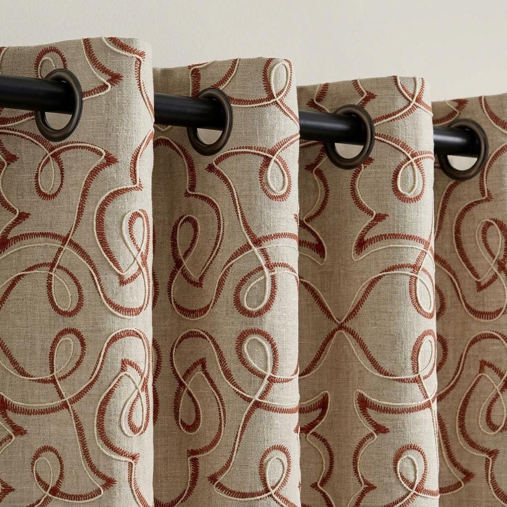 Rust Red Embroidered Pure Linen Curtains, Natural Beige Heavy Drapes, Floral Vine Panels, Custom Blackout Cafe Curtains — image 8