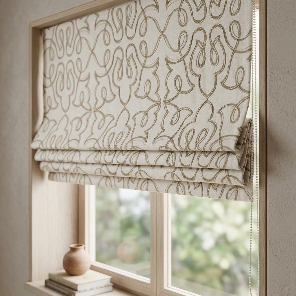 Ivory Embroidered Linen Roman Shade, Sage Olive Botanical Scroll Roman Blind, Custom Corded Window Shade, Blackout or Filter — image 1