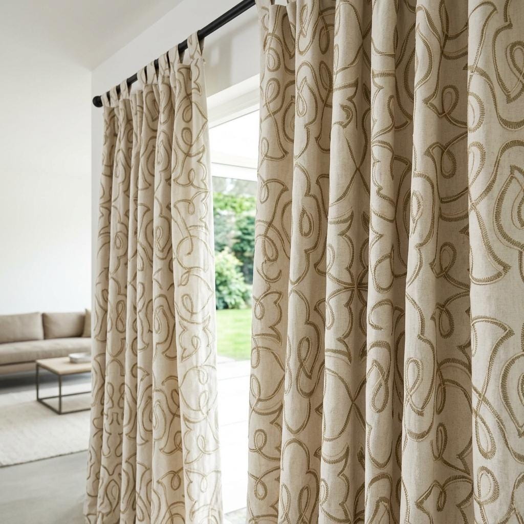 Olive Green Embroidered Linen Curtains, Off White Heavy Drapes, Floral Vine Custom Blackout Cafe Curtains — image 1