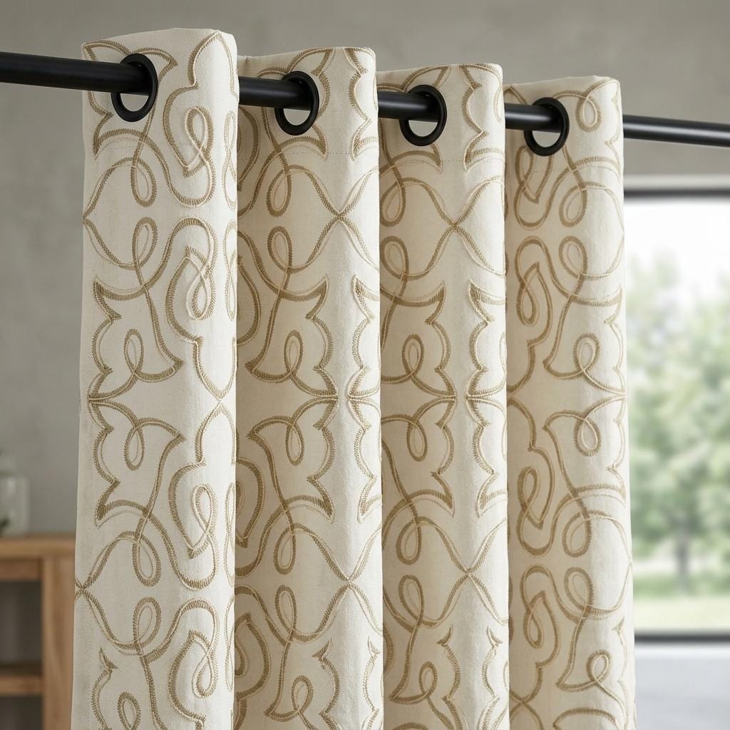 Olive Green Embroidered Linen Curtains, Off White Heavy Drapes, Floral Vine Custom Blackout Cafe Curtains — image 7