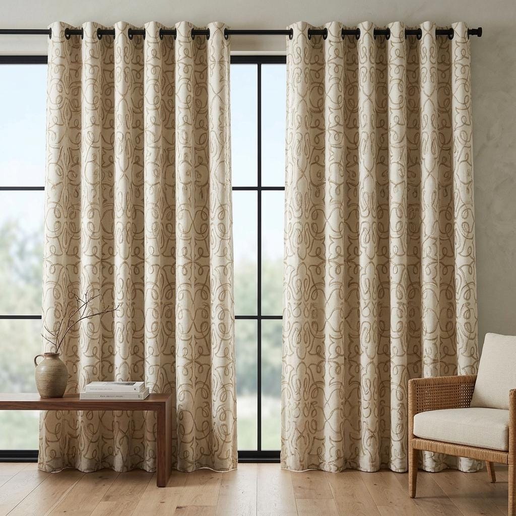 Olive Green Embroidered Linen Curtains, Off White Heavy Drapes, Floral Vine Custom Blackout Cafe Curtains — image 8