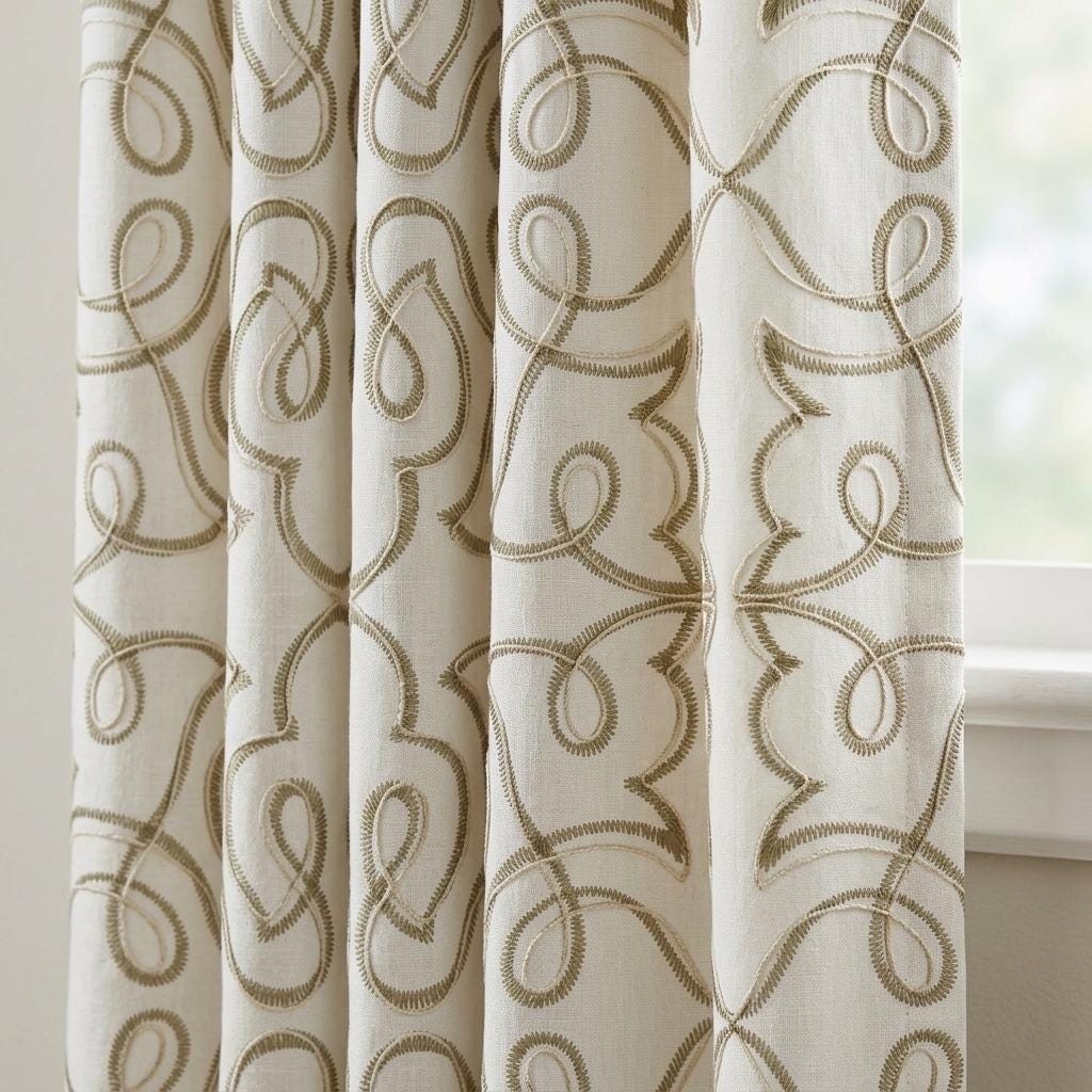Olive Green Embroidered Linen Curtains, Off White Heavy Drapes, Floral Vine Custom Blackout Cafe Curtains — image 1