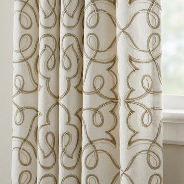 Olive Green Embroidered Linen Curtains, Off White Heavy Drapes, Floral Vine Custom Blackout Cafe Curtains — image 1