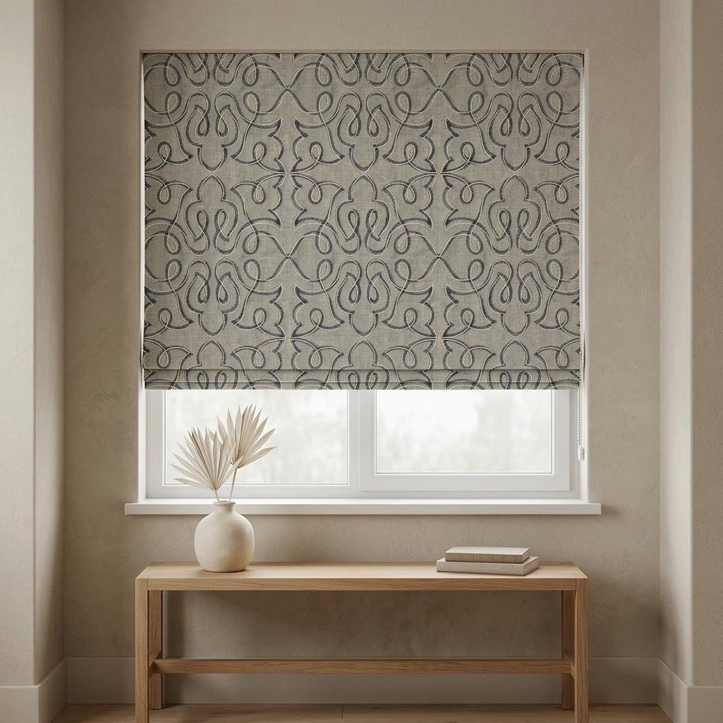 Blue Embroidered Gray Linen Roman Shade, Custom Corded Roman Blind, Grey Botanical Window Shade, Blackout or Light Filter — image 1
