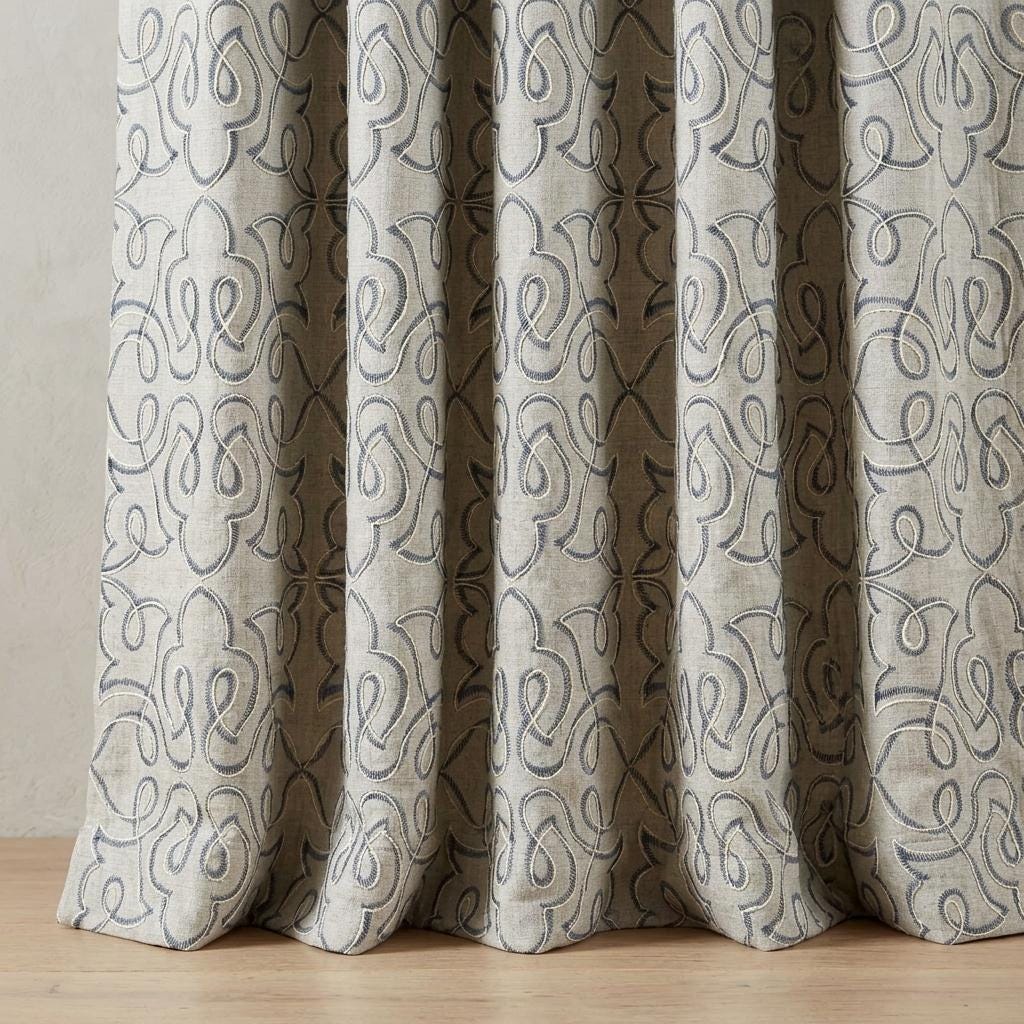 Navy Blue Embroidered Pure Linen Curtains, Grey Heavy Drapes, Floral Vine Custom Blackout Cafe Curtains — image 1