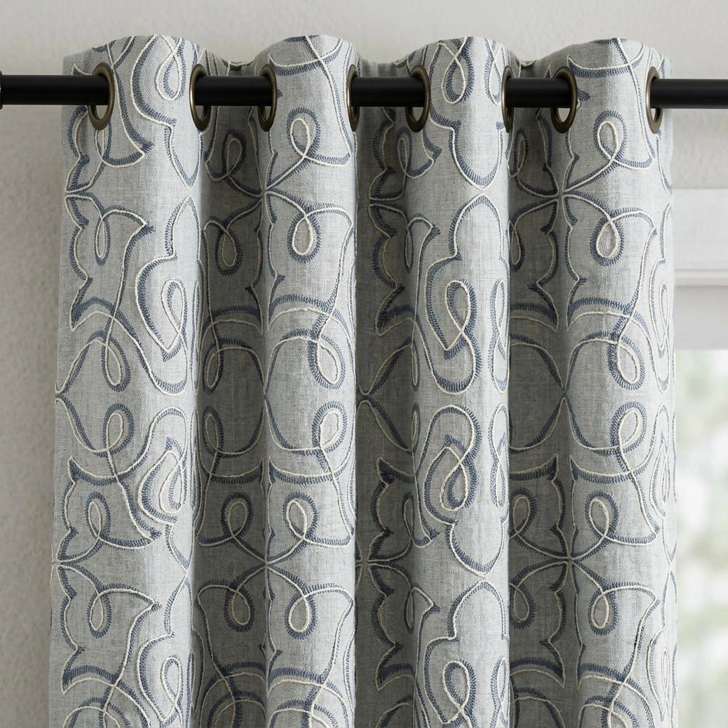Navy Blue Embroidered Pure Linen Curtains, Grey Heavy Drapes, Floral Vine Custom Blackout Cafe Curtains — image 5