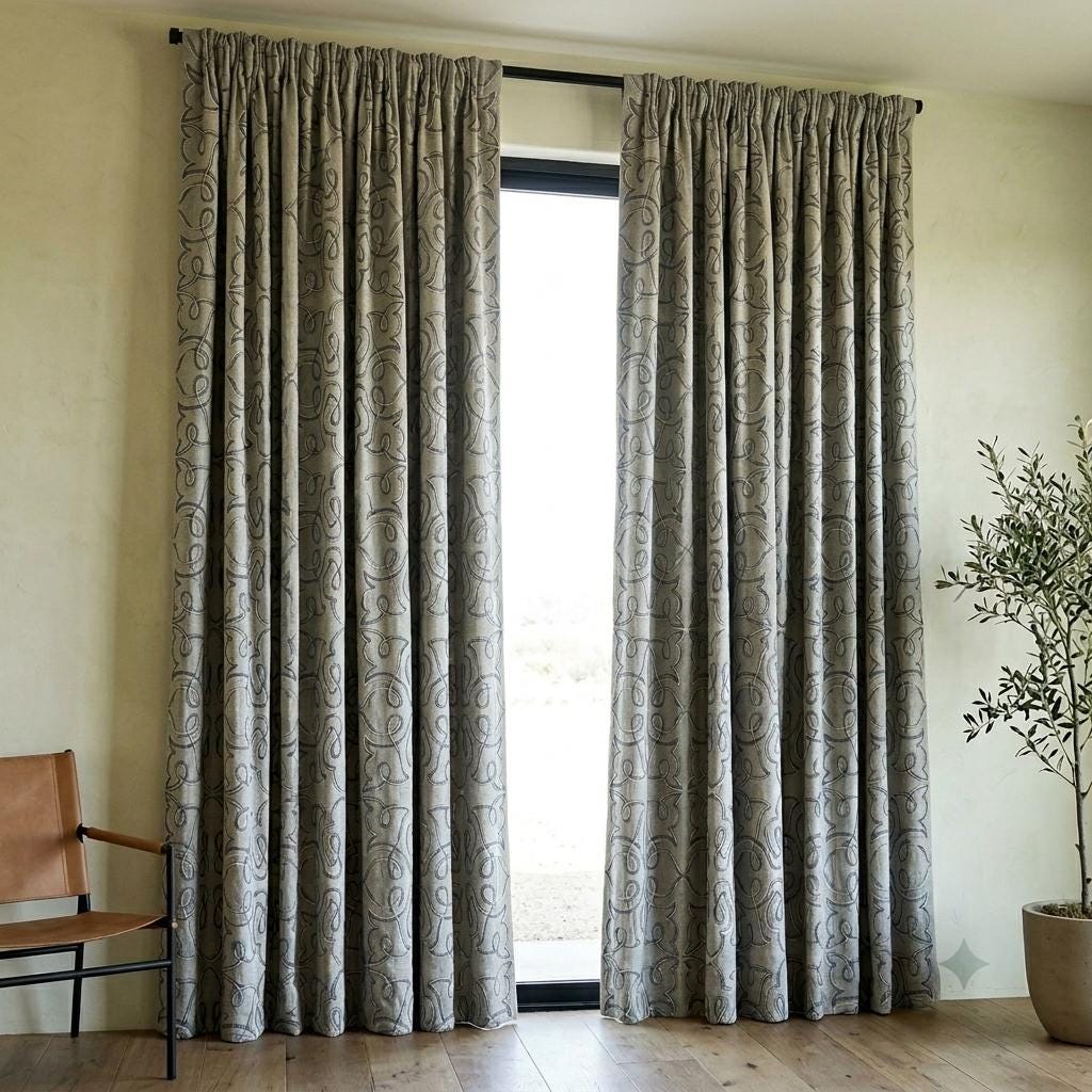 Navy Blue Embroidered Pure Linen Curtains, Grey Heavy Drapes, Floral Vine Custom Blackout Cafe Curtains — image 10