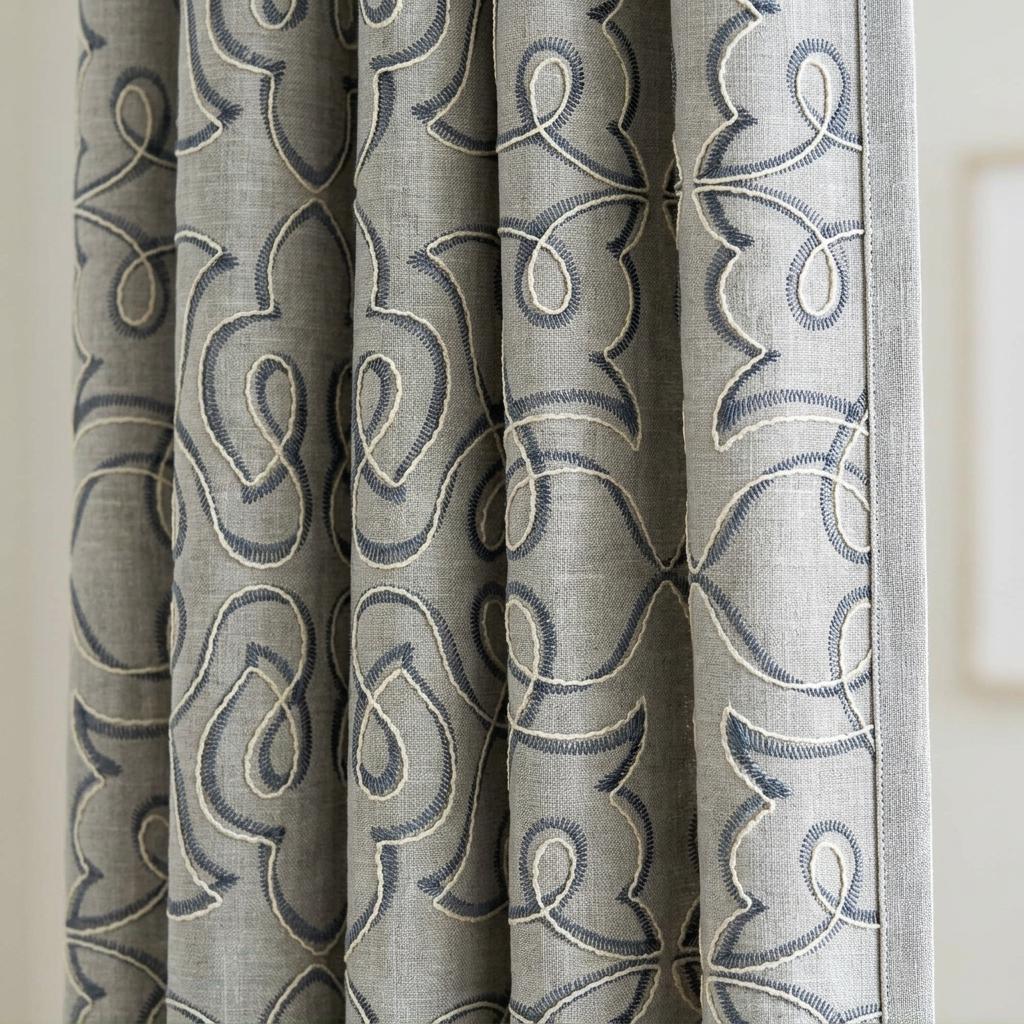 Navy Blue Embroidered Pure Linen Curtains, Grey Heavy Drapes, Floral Vine Custom Blackout Cafe Curtains — image 1