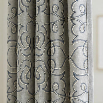 Navy Blue Embroidered Pure Linen Curtains, Grey Heavy Drapes, Floral Vine Custom Blackout Cafe Curtains — image 1