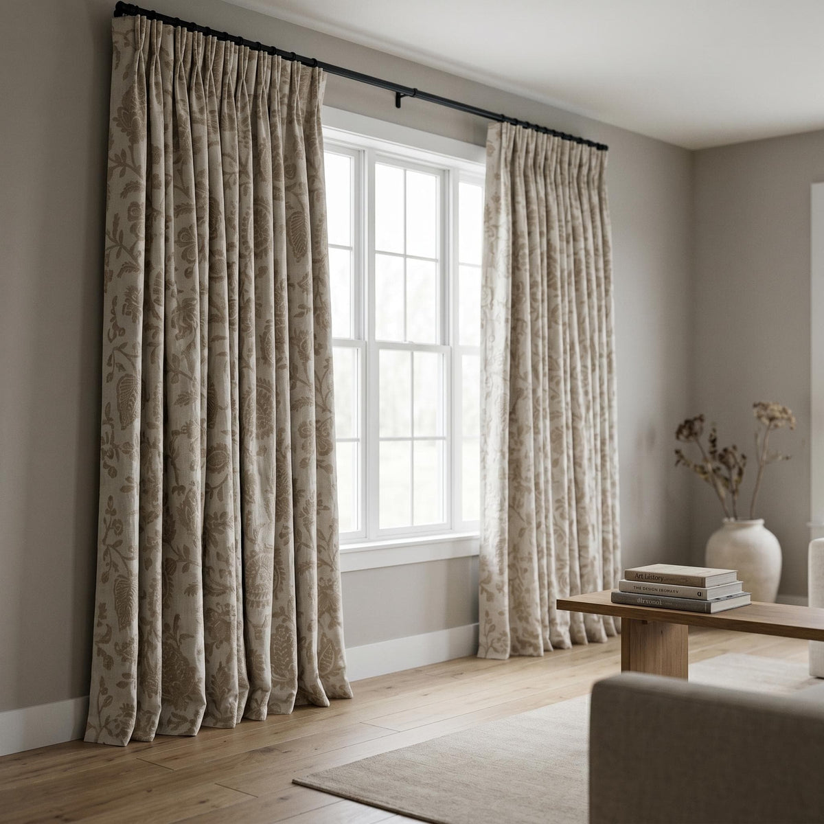 Pure White Linen Embroidered Curtains, Beige Floral Vine Drapes, Heavy Custom Window Panels, Blackout or Cotton Liner — image 5