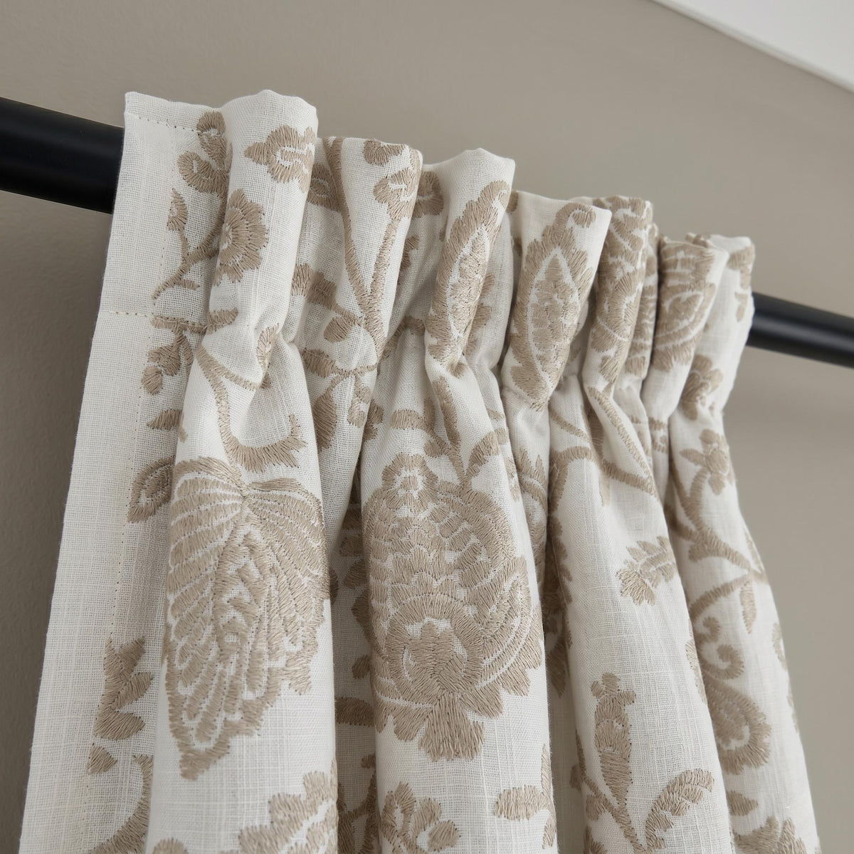 Pure White Linen Embroidered Curtains, Beige Floral Vine Drapes, Heavy Custom Window Panels, Blackout or Cotton Liner — image 4