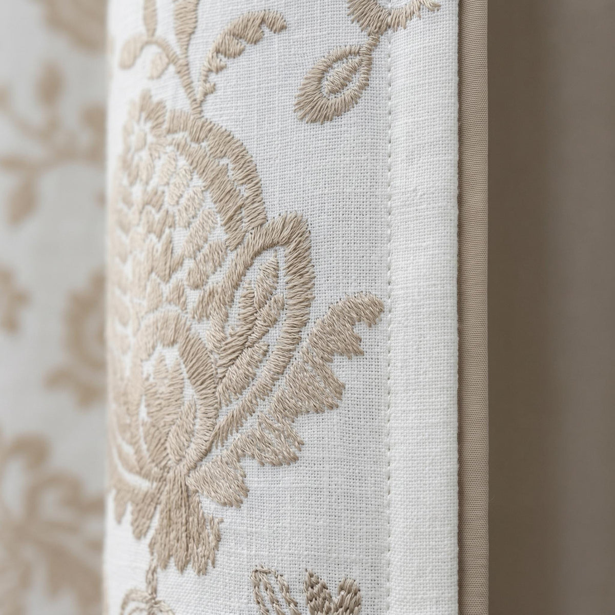 Pure White Linen Embroidered Curtains, Beige Floral Vine Drapes, Heavy Custom Window Panels, Blackout or Cotton Liner — image 8