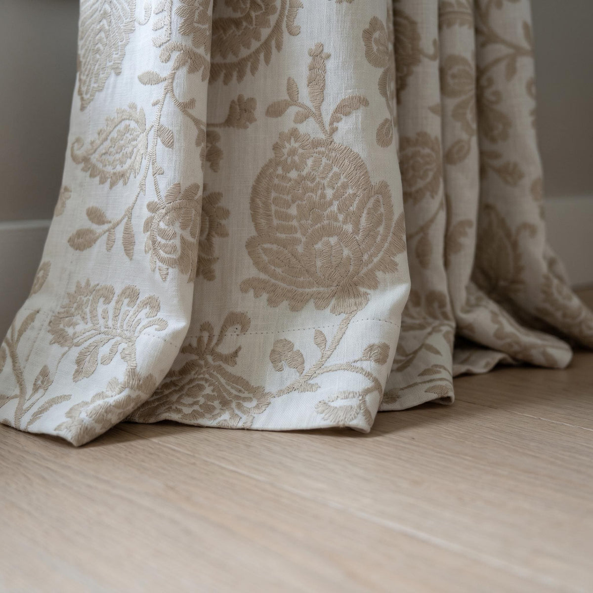 Pure White Linen Embroidered Curtains, Beige Floral Vine Drapes, Heavy Custom Window Panels, Blackout or Cotton Liner — image 3