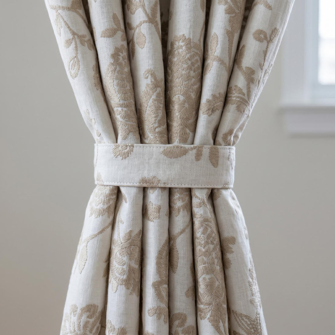 Pure White Linen Embroidered Curtains, Beige Floral Vine Drapes, Heavy Custom Window Panels, Blackout or Cotton Liner — image 1