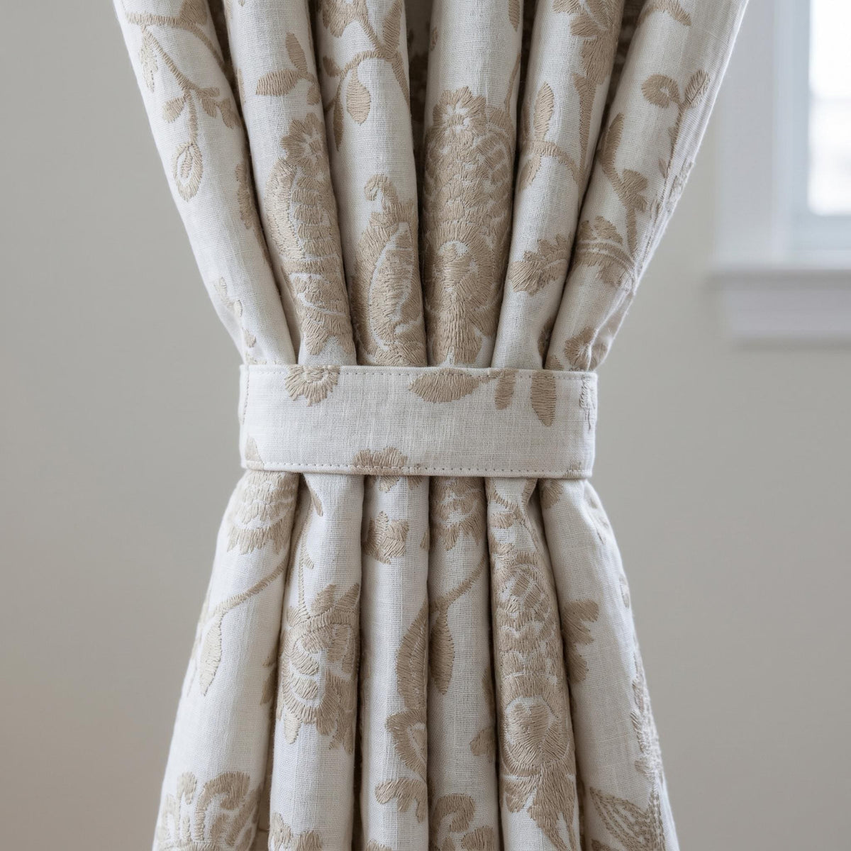 Pure White Linen Embroidered Curtains, Beige Floral Vine Drapes, Heavy Custom Window Panels, Blackout or Cotton Liner — image 2