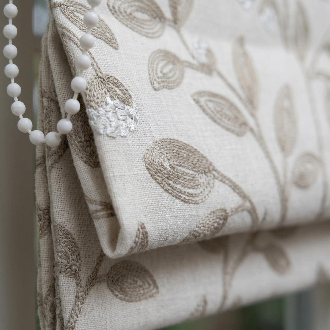 Off White Greige Linen Roman Shade, Taupe Botanical Leaf Embroidered Corded Blind, Custom Blackout Window Shade — image 1