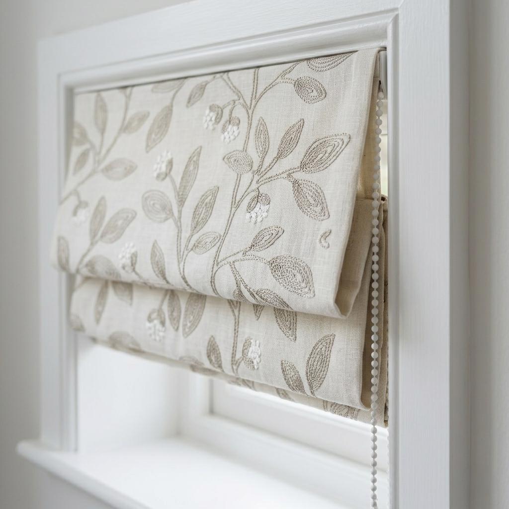 Off White Greige Linen Roman Shade, Taupe Botanical Leaf Embroidered Corded Blind, Custom Blackout Window Shade — image 1